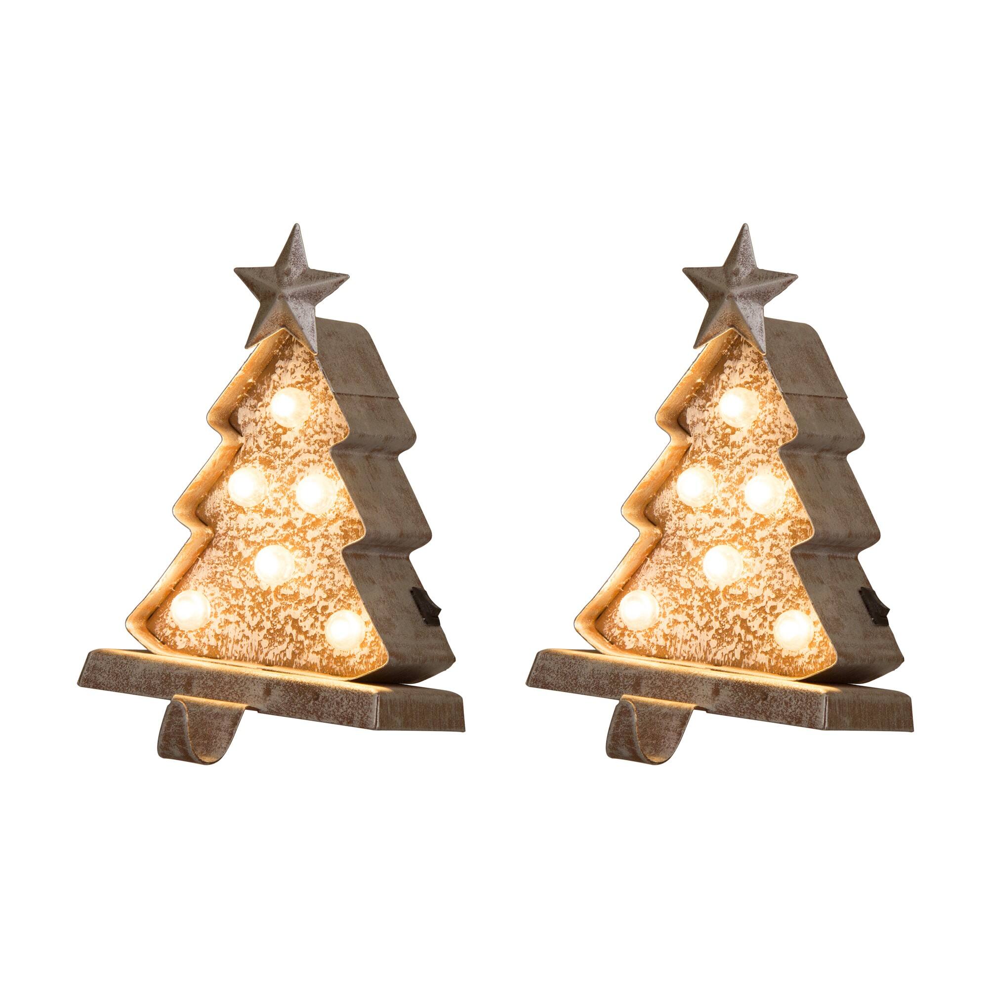 Glitzhome® 8" Marquee LED Wooden & Metal Christmas Tree Stocking Holder Set